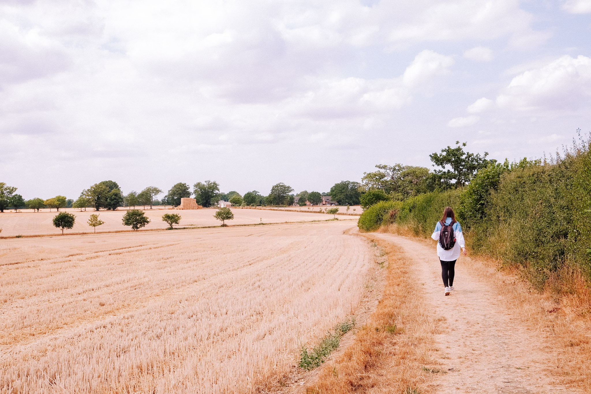 A person walking along a rural path surrounded by golden fields and trees under a cloudy sky.