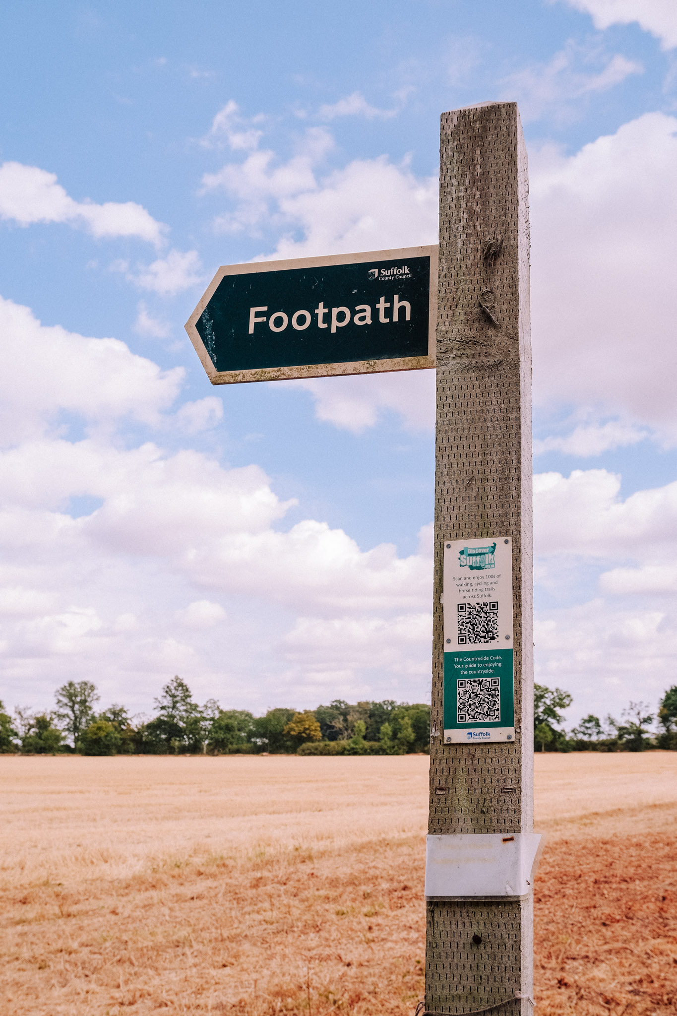 Signpost indicating a footpath with a blue sky and fluffy clouds in the background, set in an open field.