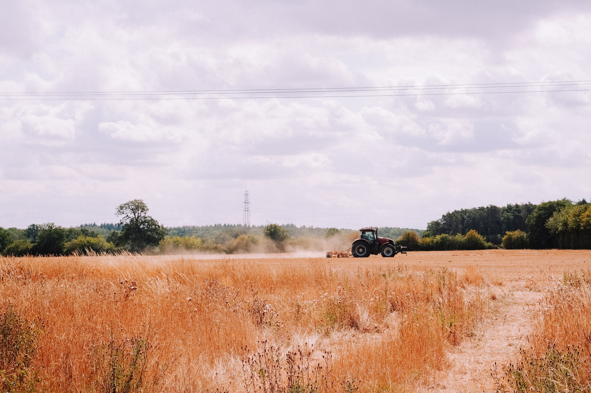 A tractor plowing a dry, golden field under a partly cloudy sky, with trees and power lines in the background.