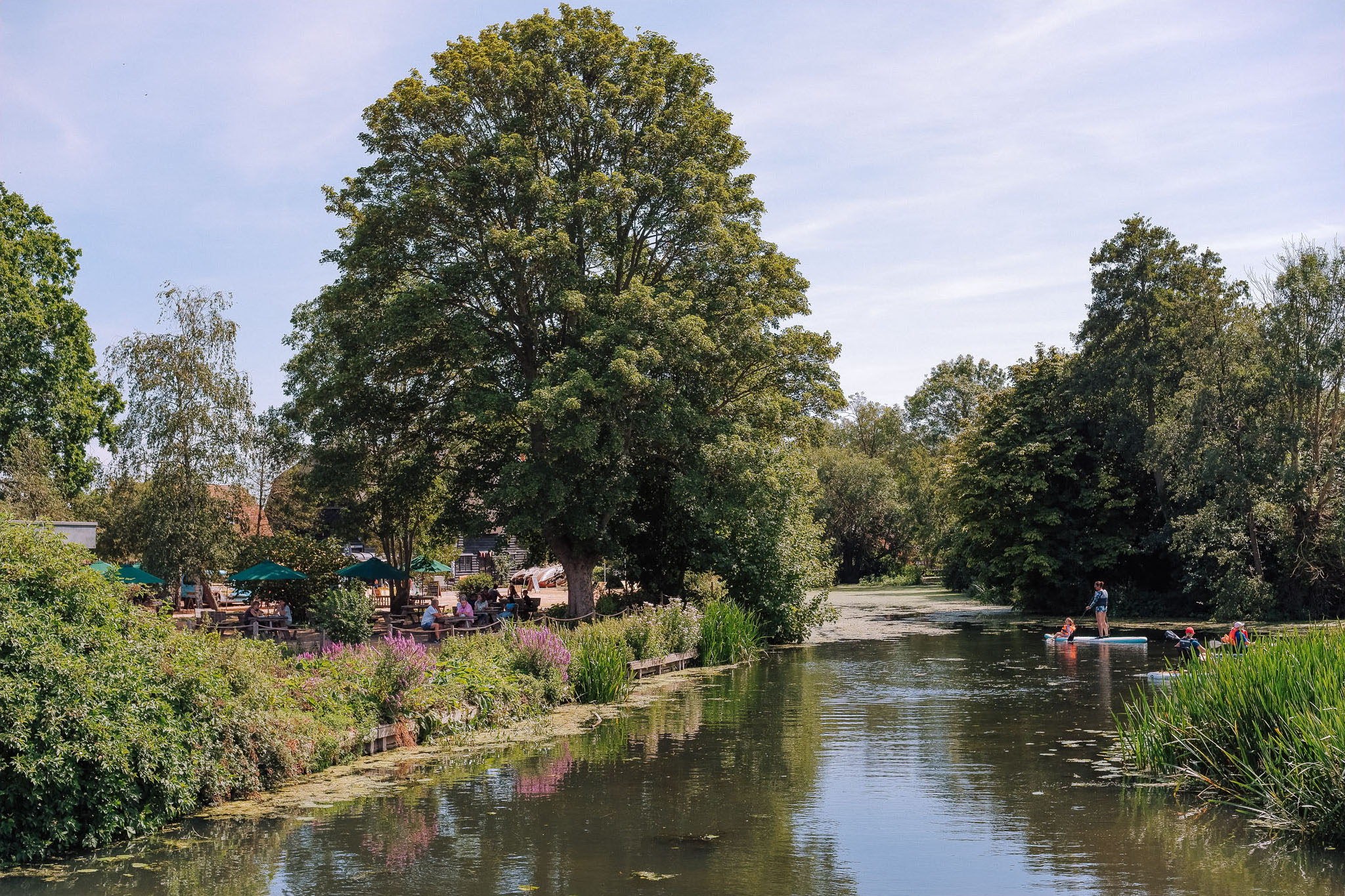 A serene riverside scene featuring lush greenery, a clear sky, and people enjoying leisure activities on the water near a vibrant bank filled with flowers.
