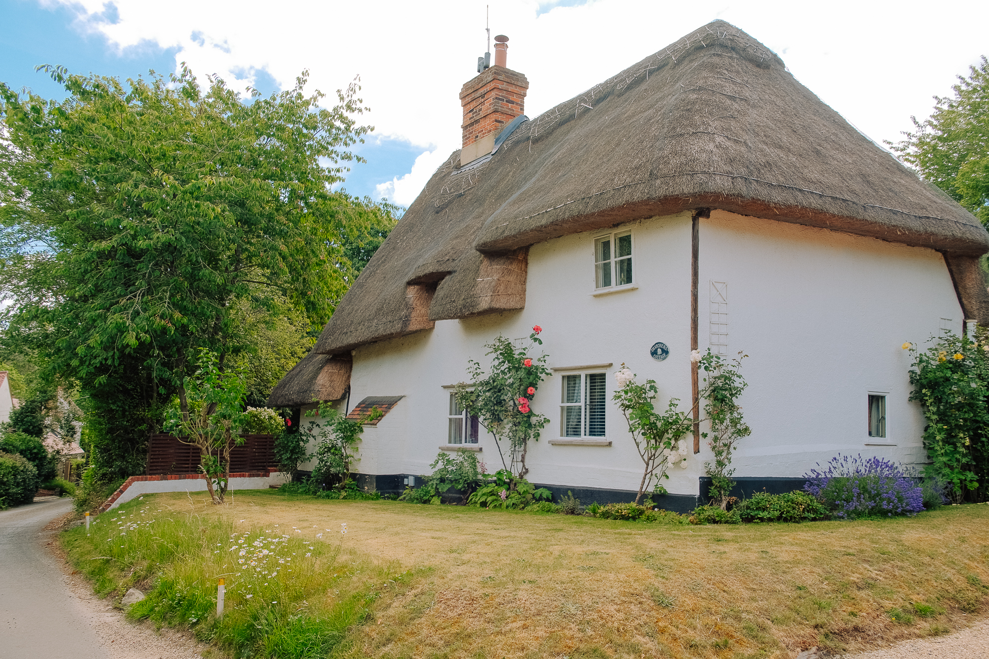 A charming thatched cottage surrounded by a well-maintained garden with flowers and shrubs, located along a winding road.