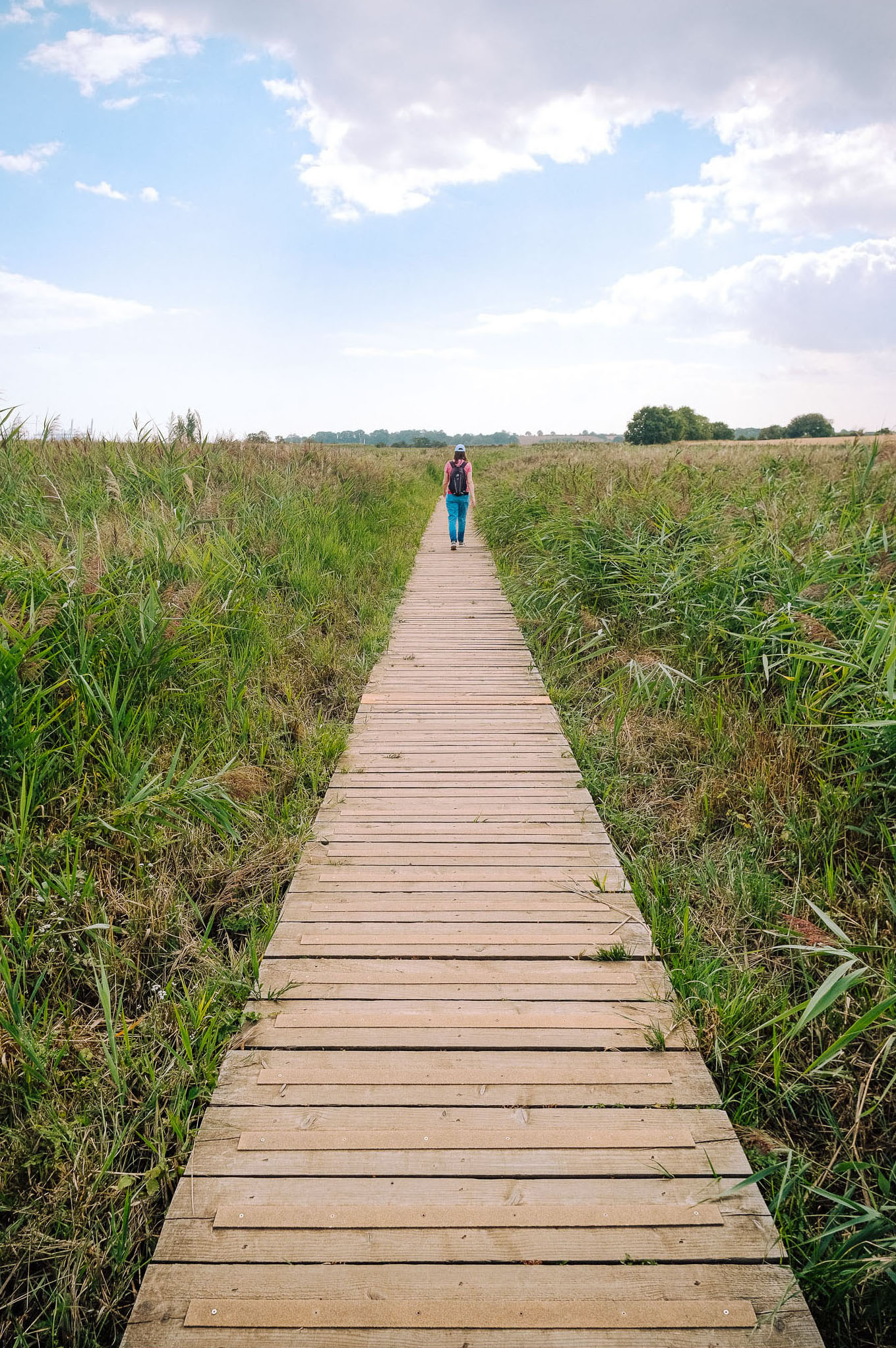 A person walking along a wooden boardwalk through a grassy landscape under a partly cloudy sky.